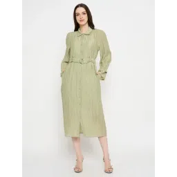 MADAME Moss Green Solid Long Sleeves Dress-picture-28