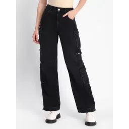 Madame Multi Pocketed Charcoal Black Cotton Denim Cargo For Women-picture-17