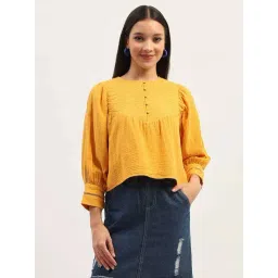 MADAME Mustard Polyester Regular Fit Self Design Top-picture-26