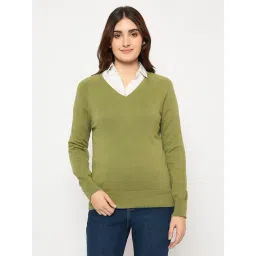 MADAME Olive Acrylic Solid Full Sleeves Sweater-picture-33