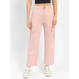 MADAME Pink Cotton Relaxed Fit Mid Rise Cargo Pants-picture-27