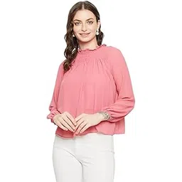 madame Round Neck Full Sleeve Solid Hot Pink Textile Top for Women-picture-31