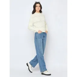 MADAME Self Design Embellished Off White Sweater for Women-picture-13