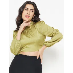 Madame Self Design High Neck Puffed Sleeves Crop Fitted Top-picture-31