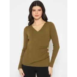 Madame Side Ruched Surplice Neck Olive Green Sweater For Women-picture-25