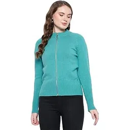 madame Solid Sea Green Acrylic Zipped Sweater-picture-20