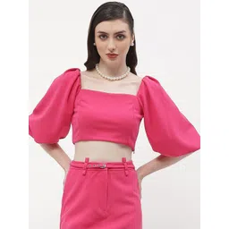 Madame Square Neck Puff Sleeve Fitted Opaque Crop Top-picture-21