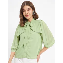 Madame Tie-Up Neck Puff Sleeves Shirt Style Top-picture-28