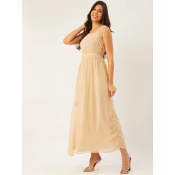 Madame Women Beige Solid Layered Maxi Dress image 4