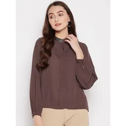 Madame Women Brown Mandarin Collar Top-picture-12