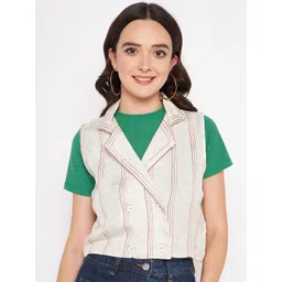 Madame Women Striped Crop Cotton Button Shrug-picture-14