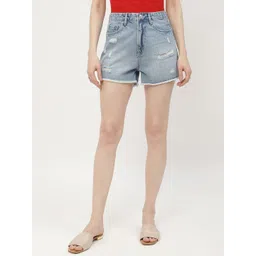 Madame Women Washed High-Rise Distressed Cotton Denim Shorts-picture-35