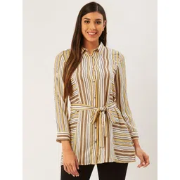 Madame Women White & Yellow Regular Fit Striped Longline Casual Shirt-picture-41