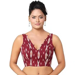 madhu fashion Women's Cotton Ikat Print Padded 'V' Neck Readymade Saree Blouse-picture-46
