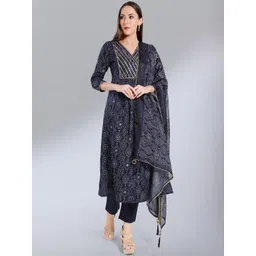 MADHURAM Women Navy Blue Ethnic Motifs Printed Angrakha Kurta with Trousers & With Dupatta-picture-35