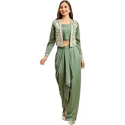 madhuram textiles madhuram women'S Vichitra Silk Dhoti Skirt And Choli With Short Coti Set For Solid With Heavy Embroidery Work Set(M-2459)-picture-32