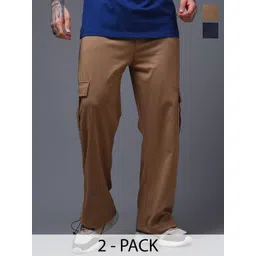 MADSTO Pack Of 2 Men Solid Cotton Mid-Rise Relaxed-Fit Cargo Trackpants-picture-50