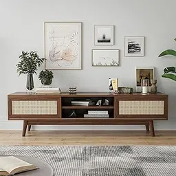 Madwoodk Solid Sheesham Wood TV Unit | Mid Century Modern TV Stand with Rattan Cane Doors, 1 Drawer & Open Shelf | Entertainment Cabinet | Dark Walnut Natural Finish | (Size 65X15.5X18 Inches)-image-0