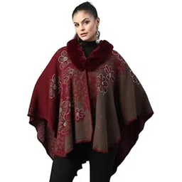mafadeny Shawl Collar Floral Embroidered Poncho with Faux Fur Trim-picture-22