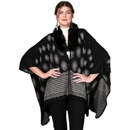 mafadeny Shawl Collar Poncho with Faux Fur & Silver Swirl Embroidery-picture-23