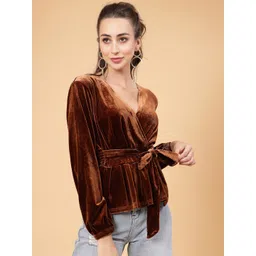 Mafadeny V-Neck Long Sleeves Waist Tie-Ups Regular Top-picture-26