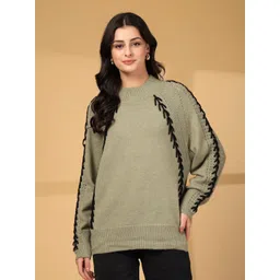 Mafadeny Women Cable Knit Longline Pullover with Embroidered Detail-picture-29