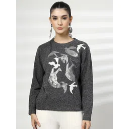 Mafadeny Women Embroidered Round Neck Pullover Sweaters with Embellished Detail-picture-26