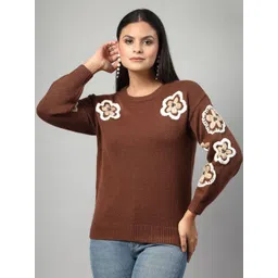 Mafadeny Women Floral Embroidered Round Neck Pullover Sweaters-picture-17