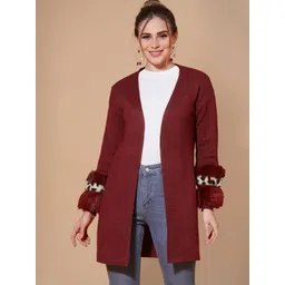 Mafadeny Women Maroon & Beige Party Longline Shrug-picture-33