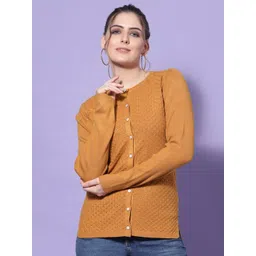 Mafadeny Women Mustard Embellished Round Neck Nylon Cardigan-picture-20