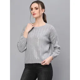 Mafadeny Women Sequinned Stripes Embellished Round Neck Top-picture-36