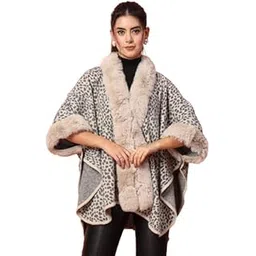 mafadeny Women's Leopard Print Poncho with Faux Fur Trim and Cuffs-picture-43