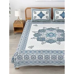 Mafatlal 144 TC Pure Cotton Hand Printed Jaipuri King Size bedsheet (Cyan Blue)-image-0