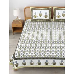 MAFATLAL Sanskriti White & Yellow Printed Cotton 144 TC King Bedsheet Sets 2.34 m x 2.70 m-image-33