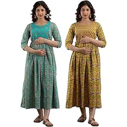 maghma Women's Pure Cotton A-Line Printed Maxi Maternity Gown Dress | Feeding/Maternity Gown Kurti for Women | Combo Pack of 2-picture-11