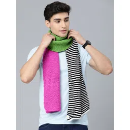 Magic Needles Men Pink & Green Colourblocked Handmade Mufflers-picture-38