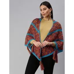 Magic Needles Women Brown & Blue Striped Handmade Poncho-picture-19