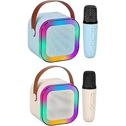 Magicwand® K12【Pack of 2 Speakers】【Blue & Biege 1 Mic】 USB-C-Charging Kids Karaoke Microphone Wireless Bluetooth Speaker with RGB LED Lighting for Kids-image-1