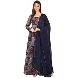 magnetism Designer Anarkali Dress with Dupatta, Navy Blue Paisley Print, Full Length Gown with Long Sleeves-picture-44