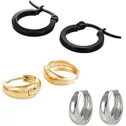 Mahalakshmi Piercing Men Jewellery | Black Studs Combo Stylish Hoop Clip on Earings | Earrings For Men & Girls | Earring Bali For Gift (3 Pair)-picture-25