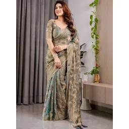 MAHARANI COUTURE Green Floral Pure Chiffon Leheriya Saree-picture-19