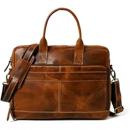 mahetri Bison Elite Full Grain Buffalo Leather Briefcase for Men – Brown Office Bag with Orange Accents – 16 Inch Laptop Bag with Shoulder Strap, YKK Zippers, Padded Handle-picture-24