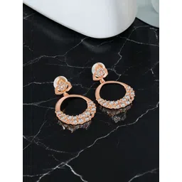 Mahi Rose Gold-Plated Floral Dangler Crystals Studded Oval Shaped Drop Earrings-picture-10