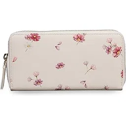 Cosmos Hand Wallet Flower Print Genuine Leather Zip Around Flap Wallet | Hand Clutch for Women's & Girls - Beige-image-21