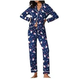 maisha creation Ho-Ho Santa Print Nightwear for Women, Girls | Ultra Soft & Stylish Collar Neck Night Dress | Cotton Shirt and Pajama Confortable Sleepwear Suit-Blue-picture-31