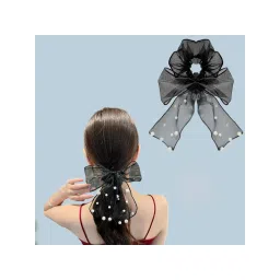 Majestique Pearl Bow Scrunchies Net Ponytail Holder, Stretchable Rubber Band Hair Accessories -1 Pc-picture-12