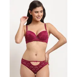 MAKCLAN Women Maroon Self-Design Lingerie Set-picture-34