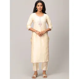 MAKEOVER FASHIONS Women Ethnic Motifs Embroidered Regular Thread Work Dupion Silk Kurta with Trousers & With-picture-20