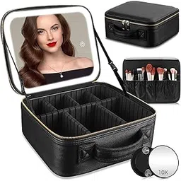 Makeup Bag with Mirror of LED Lighted, Travel Makeup Train Case Cosmetic Bag Organizer with Adjustable Dividers, Makeup Case with Mirror and Detachable 10x Magnifying Mirror, Black, Integrated, Black, Integrated-picture-45