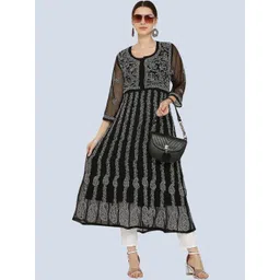 MALABIS Paisley Embroidered Panelled Chikankari Georgette A-Line Kurta With Trousers-picture-39